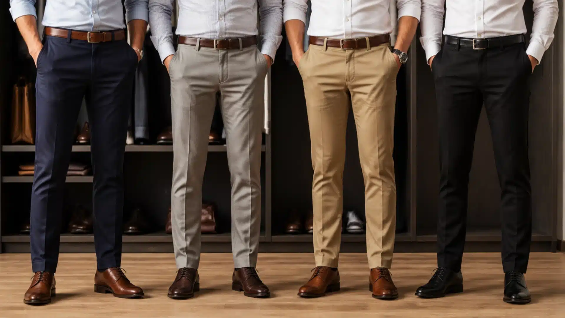 Four men wearing tailored navy gray khaki and black trousers styled with leather belts and formal shoes.