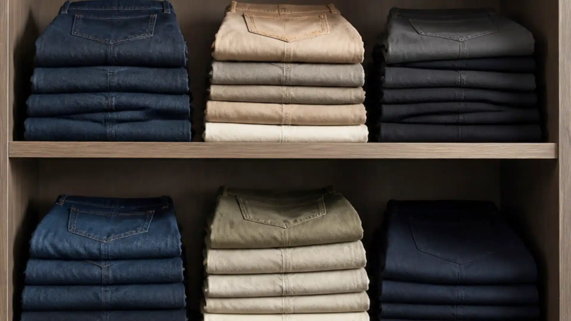 A neatly organized shelf displaying various folded jeans in different colors and styles.