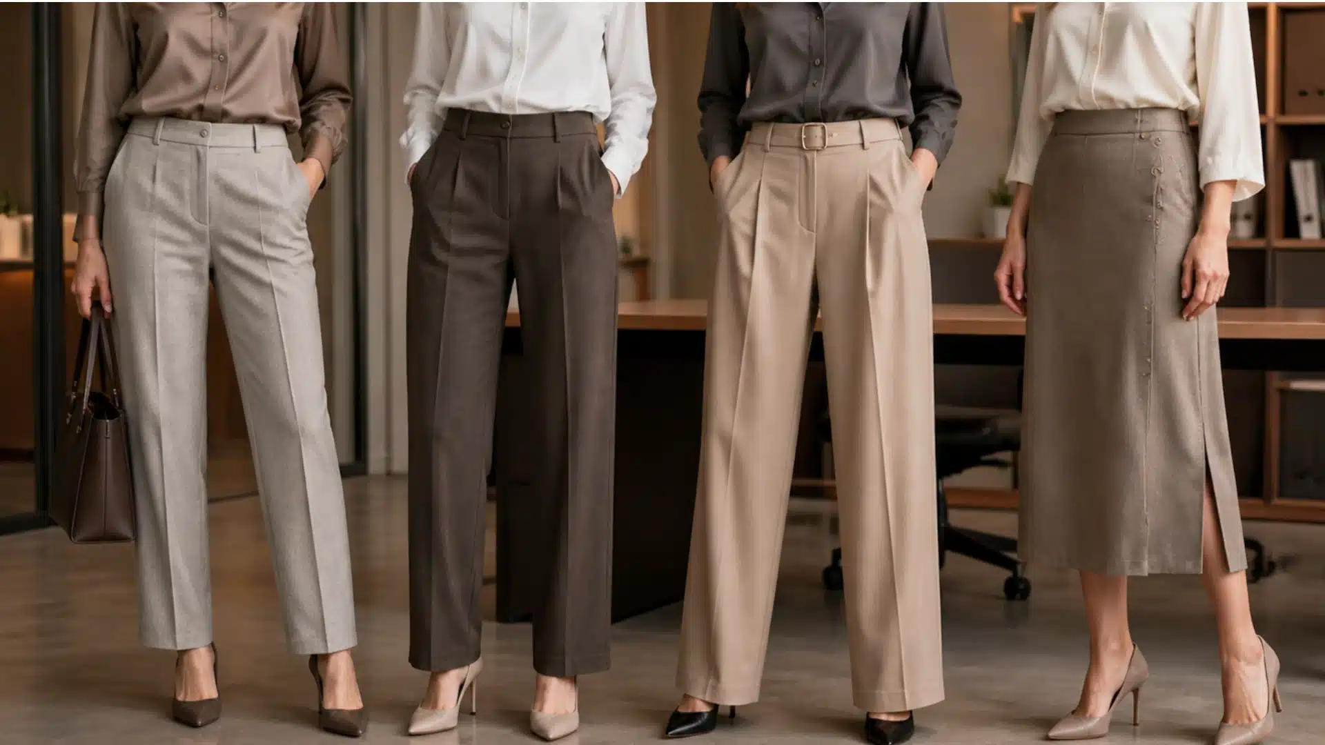 Women wearing tailored trousers wide leg pants and a midi skirt in neutral business casual styles.