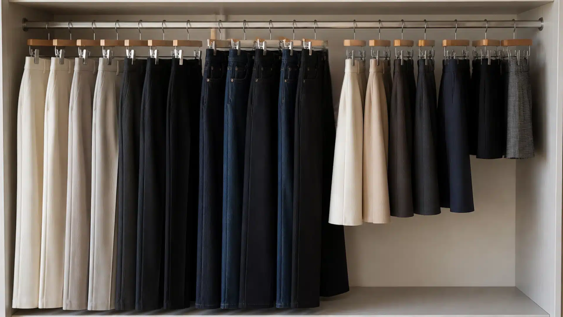 A closet featuring a rack displaying various colored pants and skirts arranged neatly.