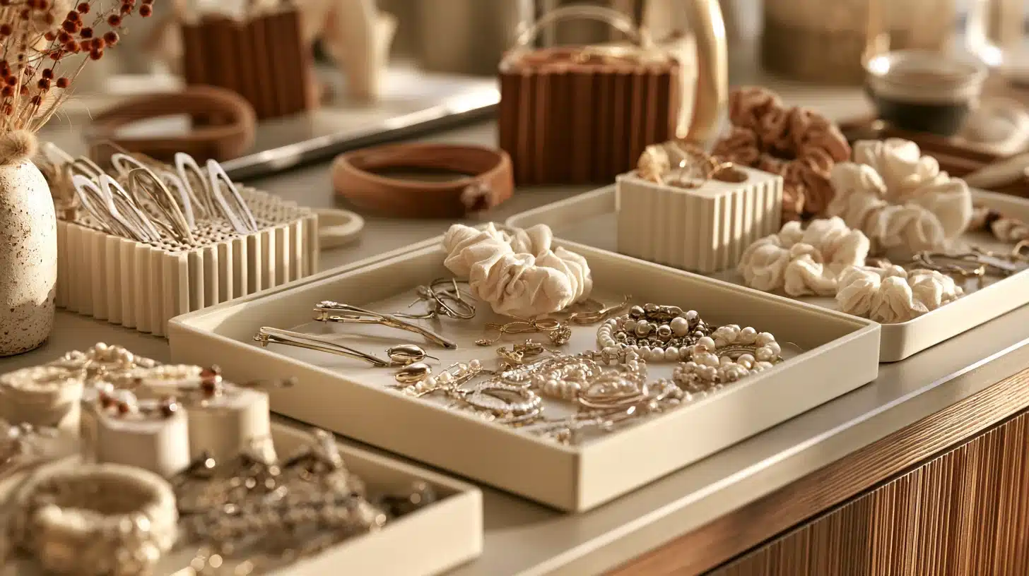 A table displaying an assortment of jewelry and decorative items, showcasing various colors and styles.