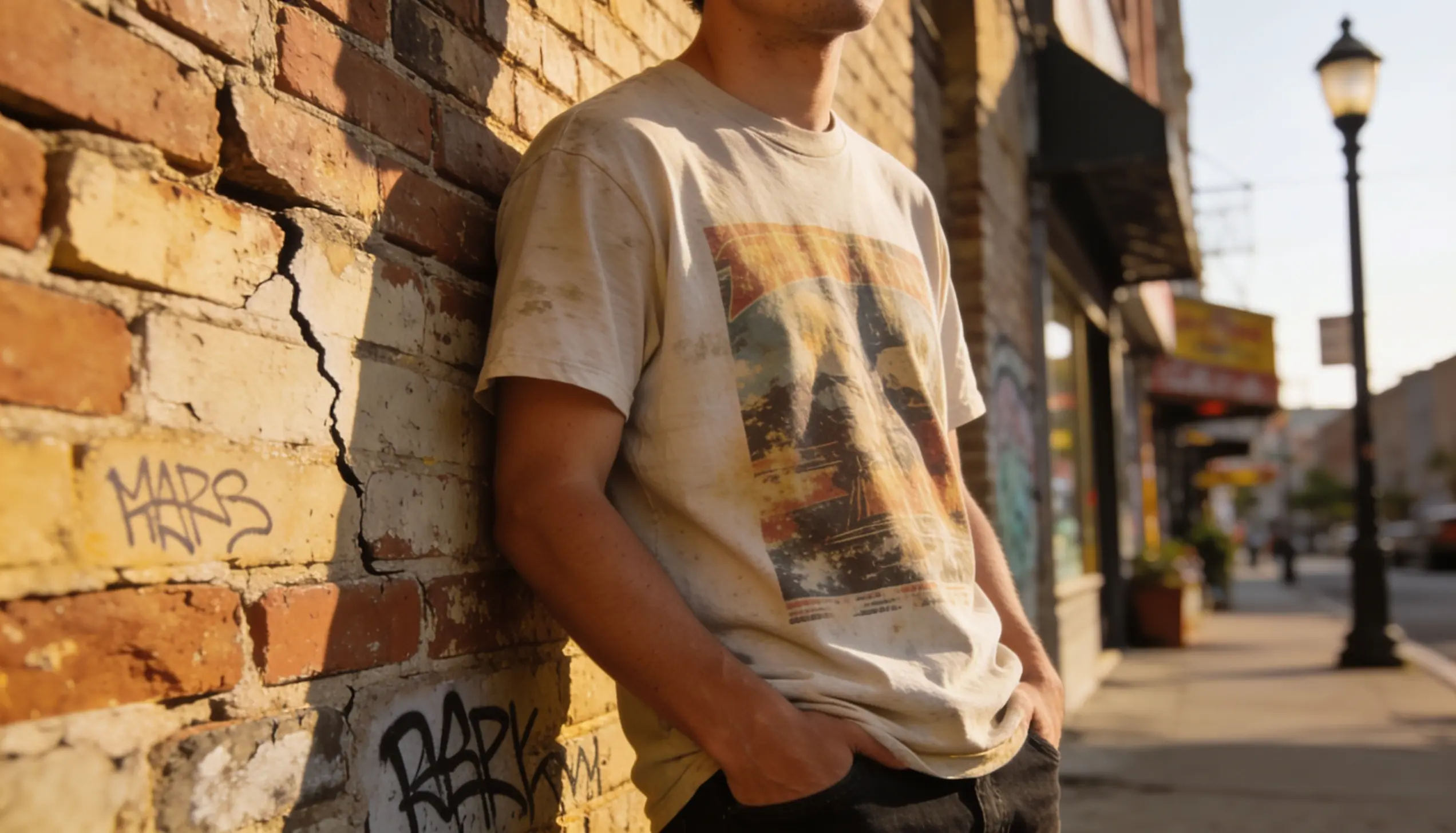 Man in graphic tee leaning against a graffiti-covered brick wall on a city street.