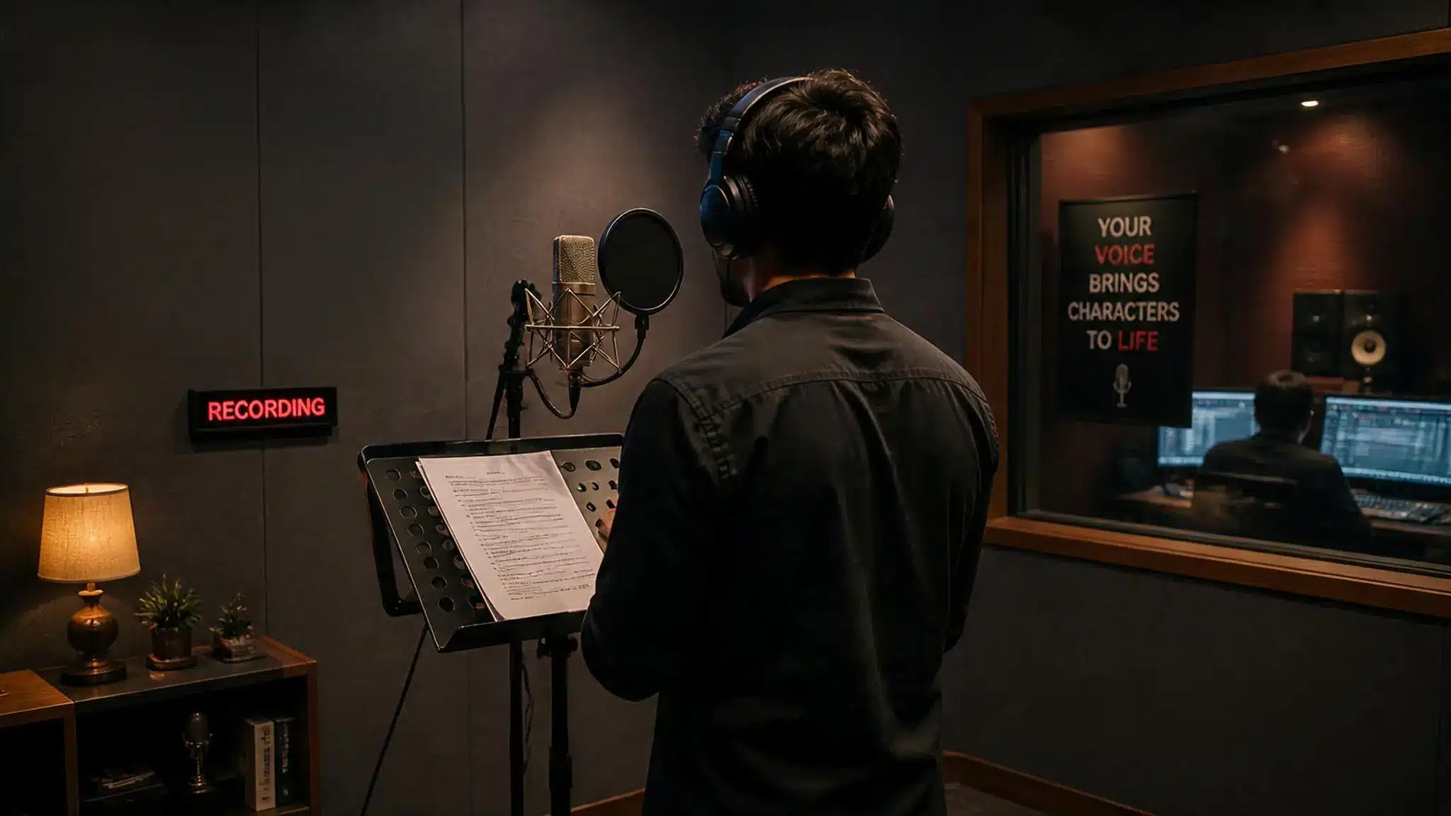 Voice actor recording dialogue in a professional sound studio with headphones microphone script and recording equipment