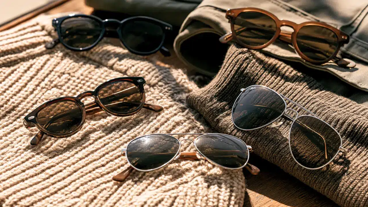A pair of sunglasses, a cozy sweater, and a pair of jeans arranged together on a flat surface.