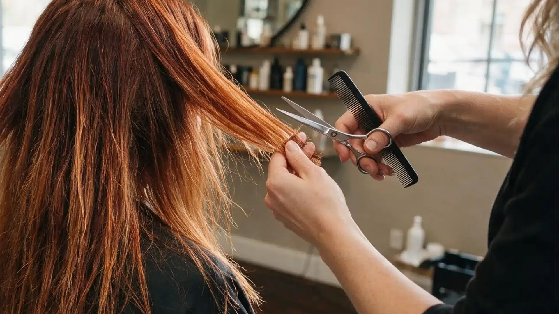 Hairstylist trimming the dry ends of long red color treated hair while holding scissors and a black comb in salon